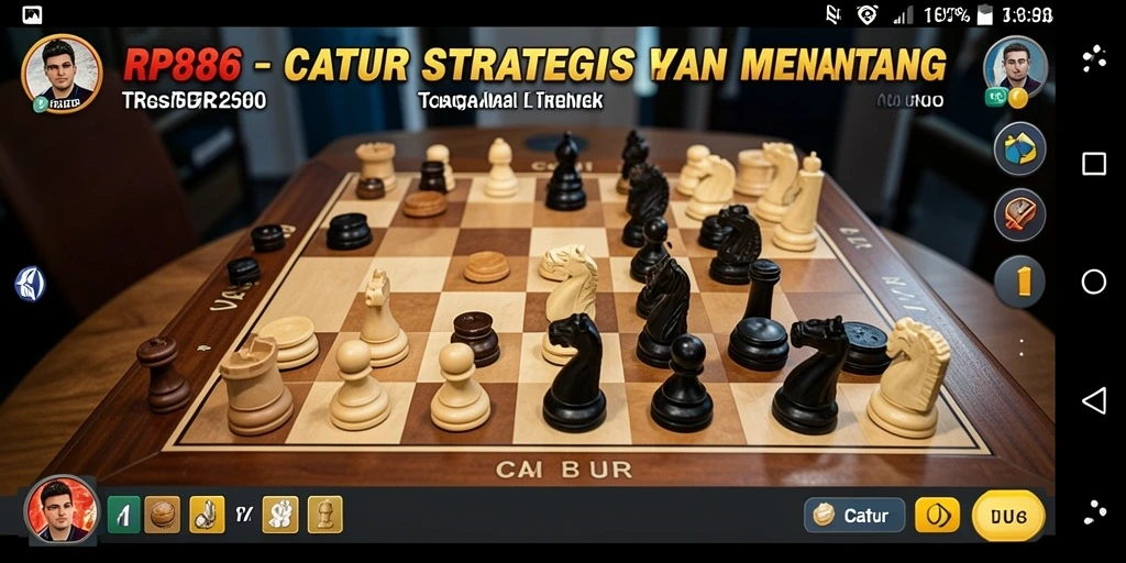 Screenshot antarmuka permainan catur RP886 yang menampilkan fitur utama.